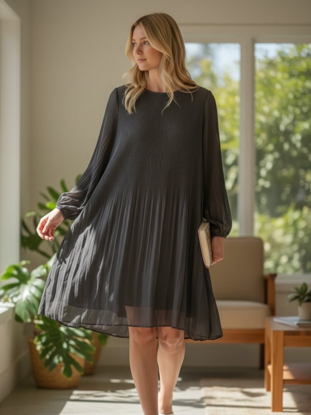 Wilfred Aritzia Black Pleated Chiffon Swing Dress Long Sleeve A-Line Size